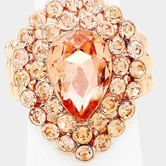 Crystal Peach Teardrop Centered Bubble Cluster Stretch Ring - Picture 3 of 6